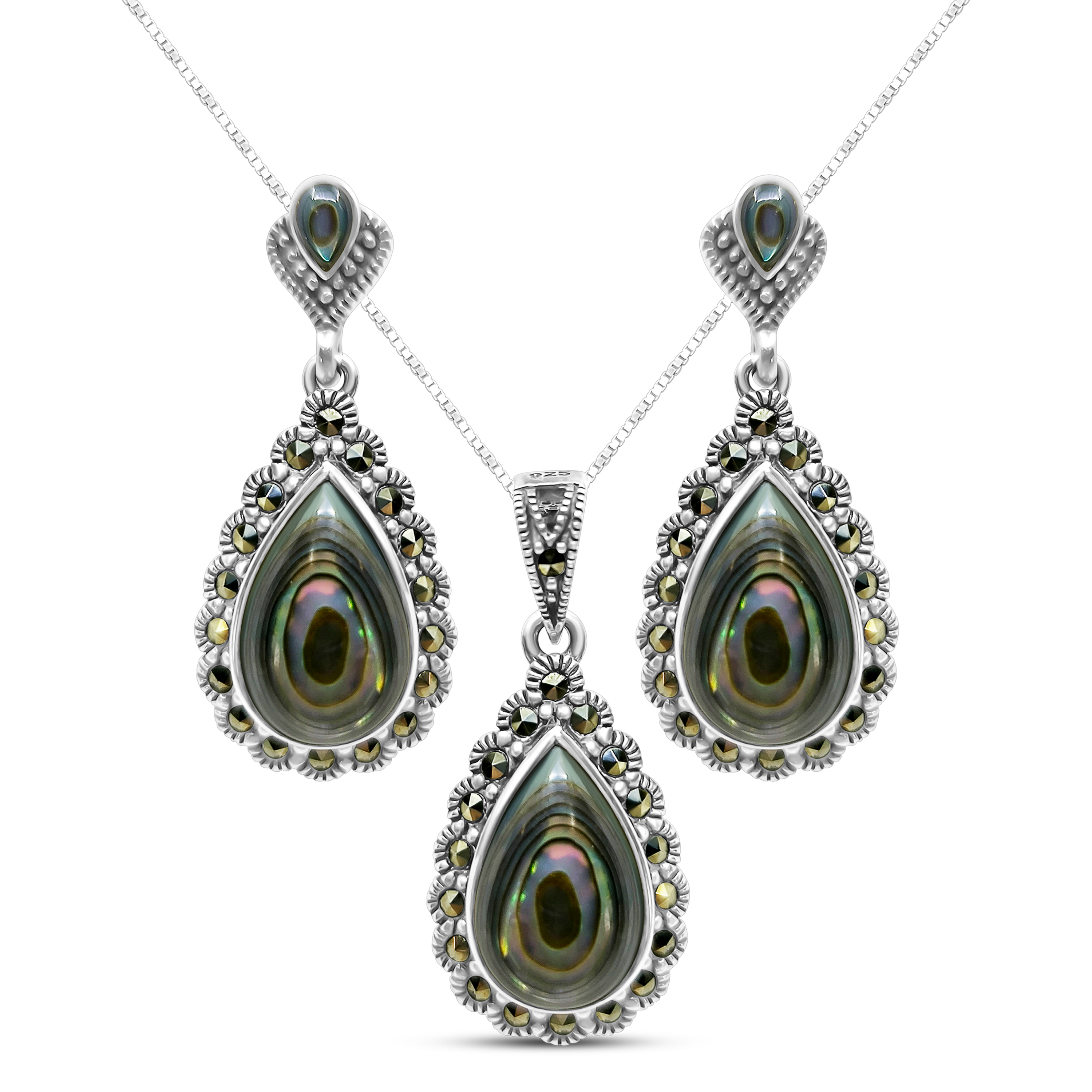 Set Argint cu Scoica Abalone si Marcasite