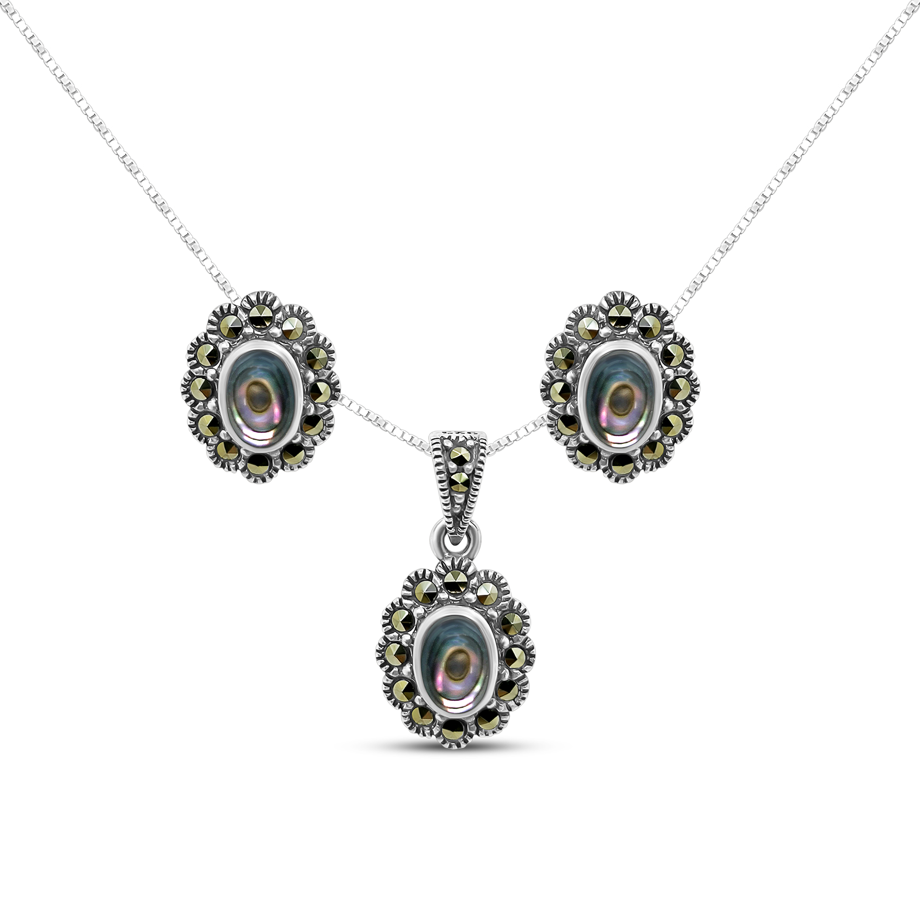 Set Argint cu Scoica Abalone si Marcasite