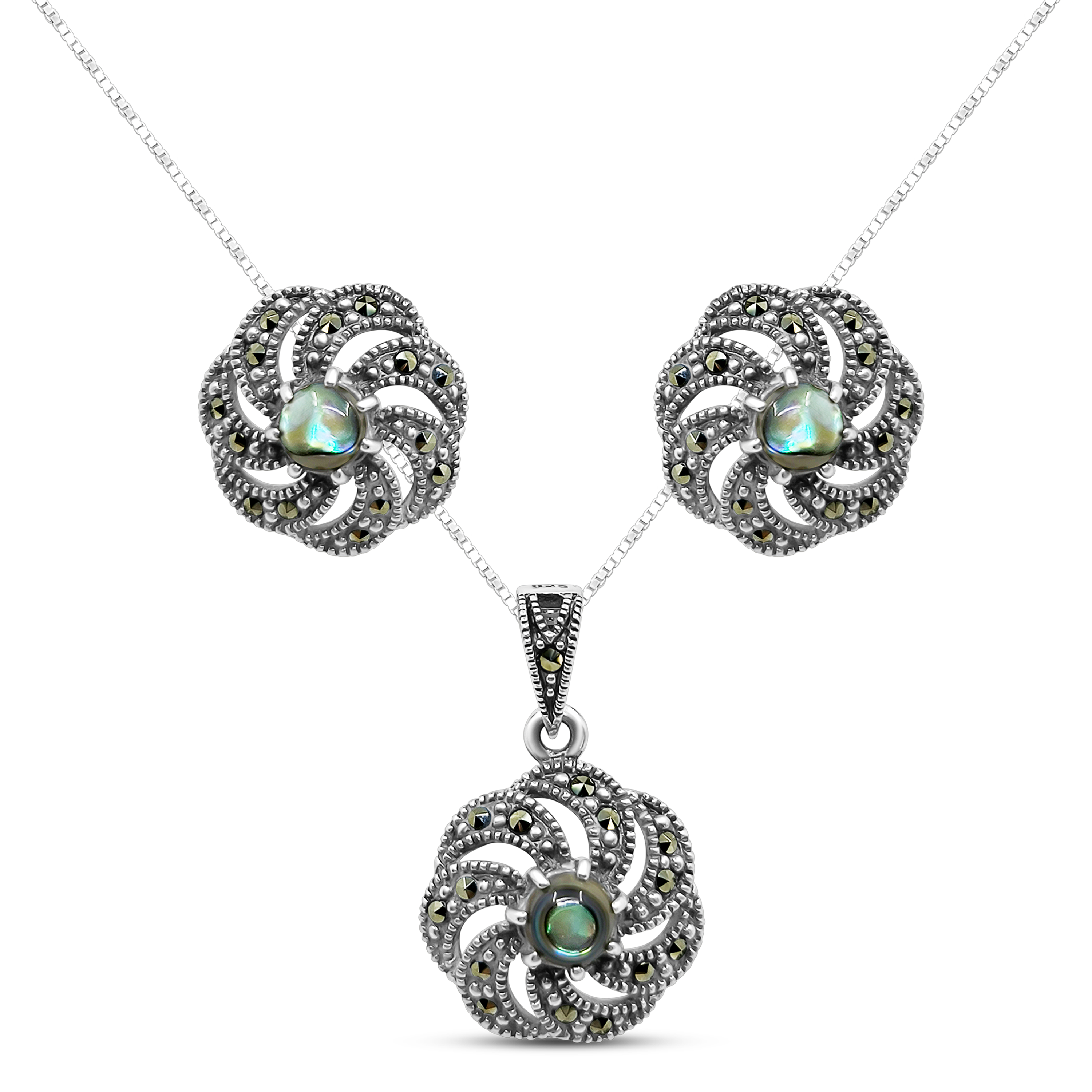 Set Argint cu Scoica Abalone si Marcasite