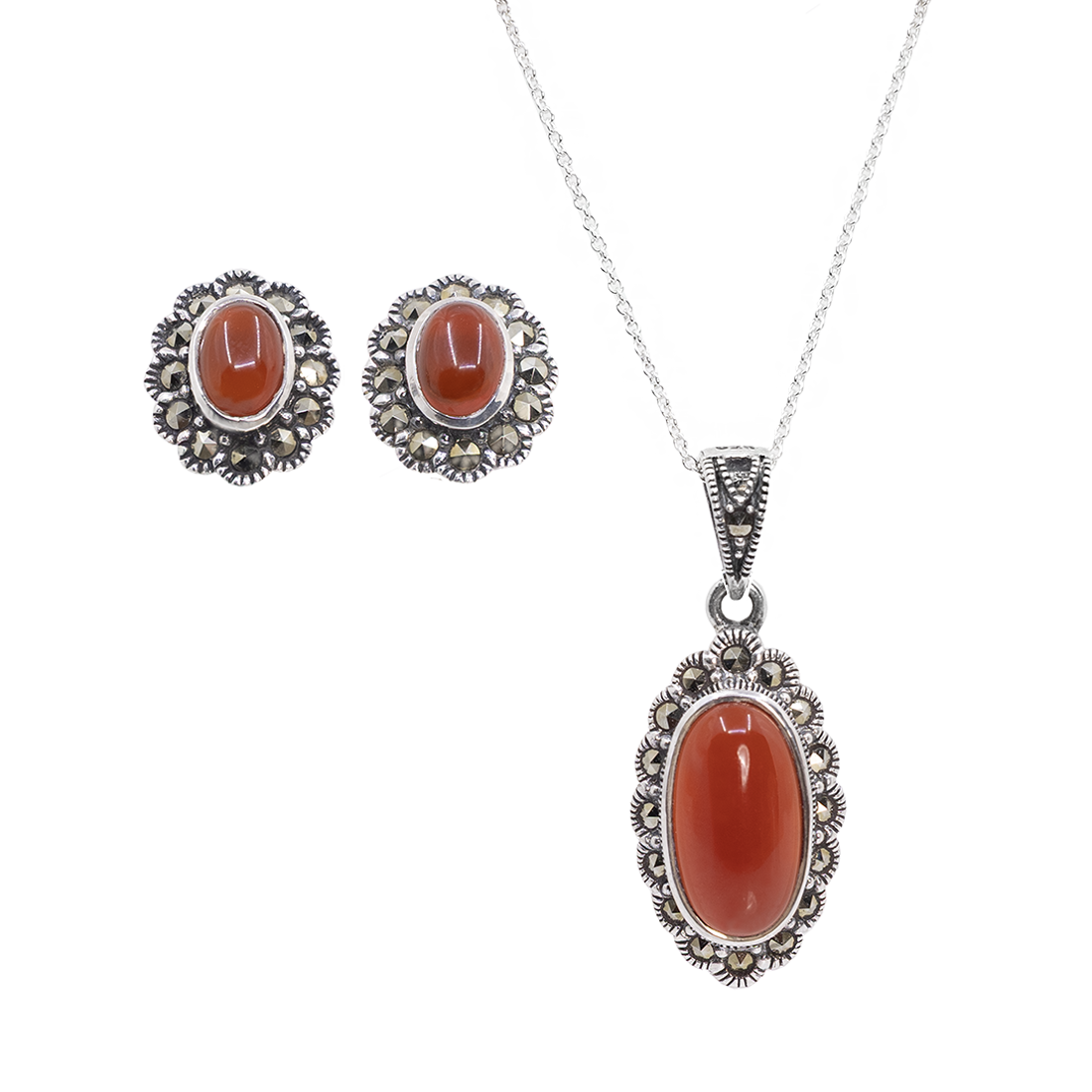 Set Argint cu Carneol si Marcasite