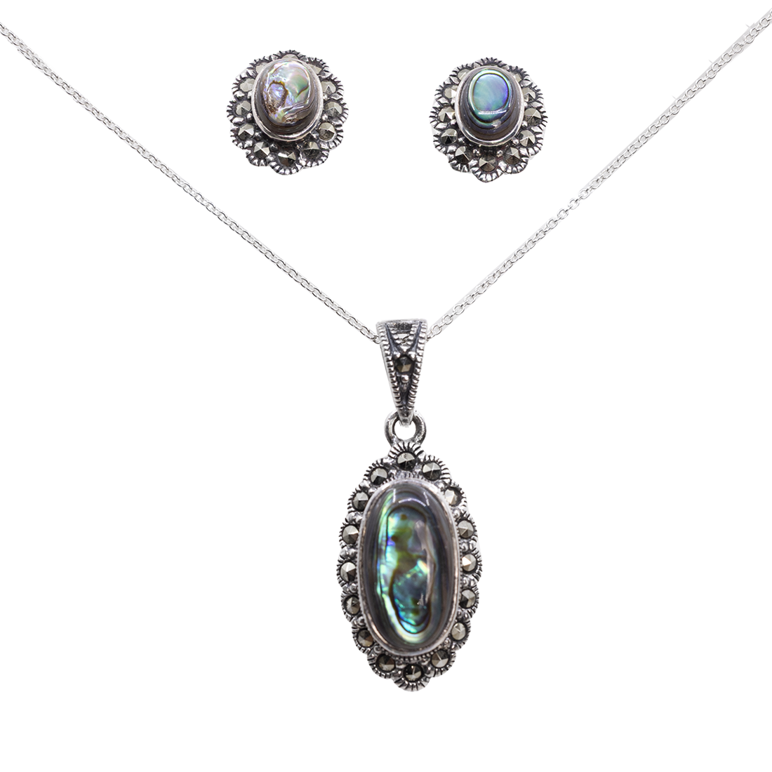 Set Argint cu Scoica Abalone si Marcasite